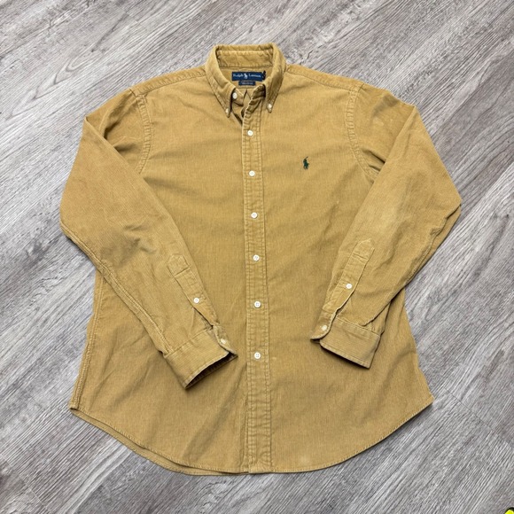 Vintage Ralph Lauren Custom Fit Corduroy Shirt Men Large Tan Brown Button Cotton - Picture 2 of 7
